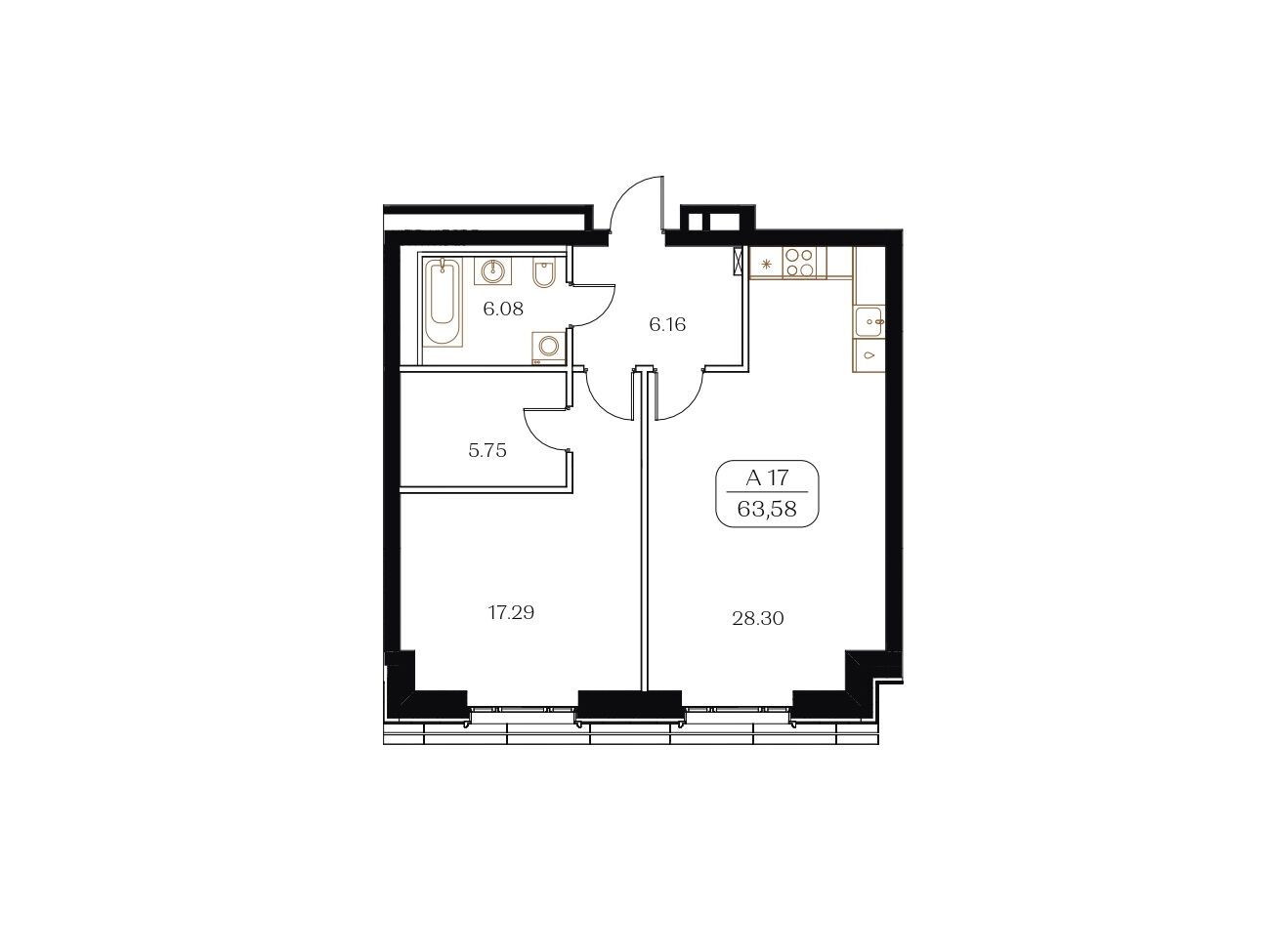 Планировка: 1-комн. квартира 63.58 м² в новостройке Золотой квартал Картьер д’Ор