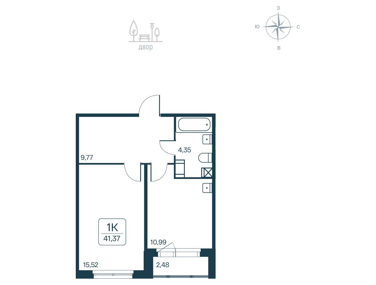 Планировка: 1-комн. квартира 41.37 м² в новостройке Расцветай в Янино