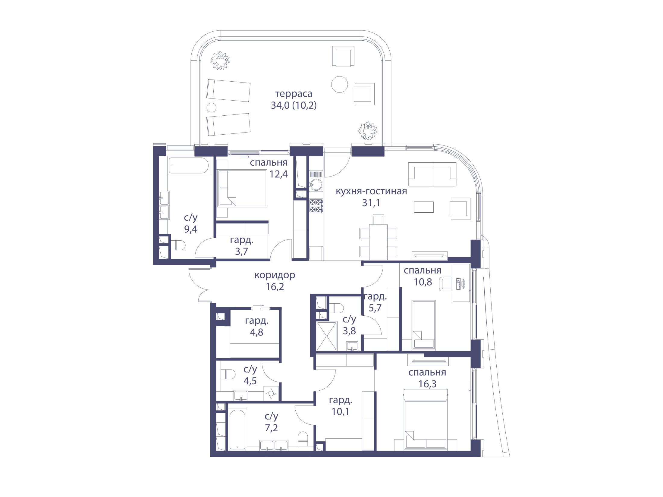 Планировка: 3-комн. квартира 146.20 м² в новостройке Река