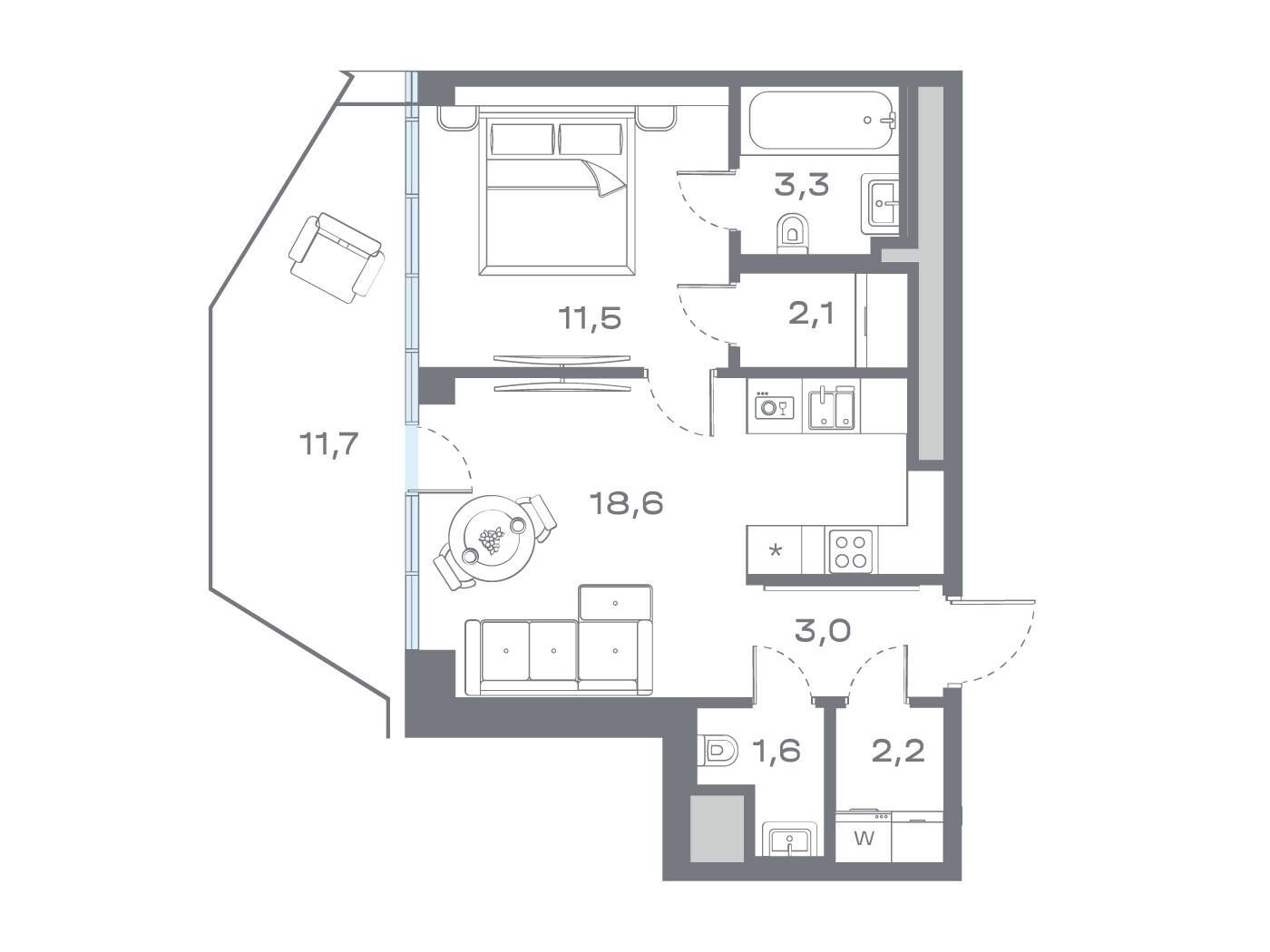 Планировка: 1-комн. квартира 45.79 м² в новостройке Дом Горизонтов