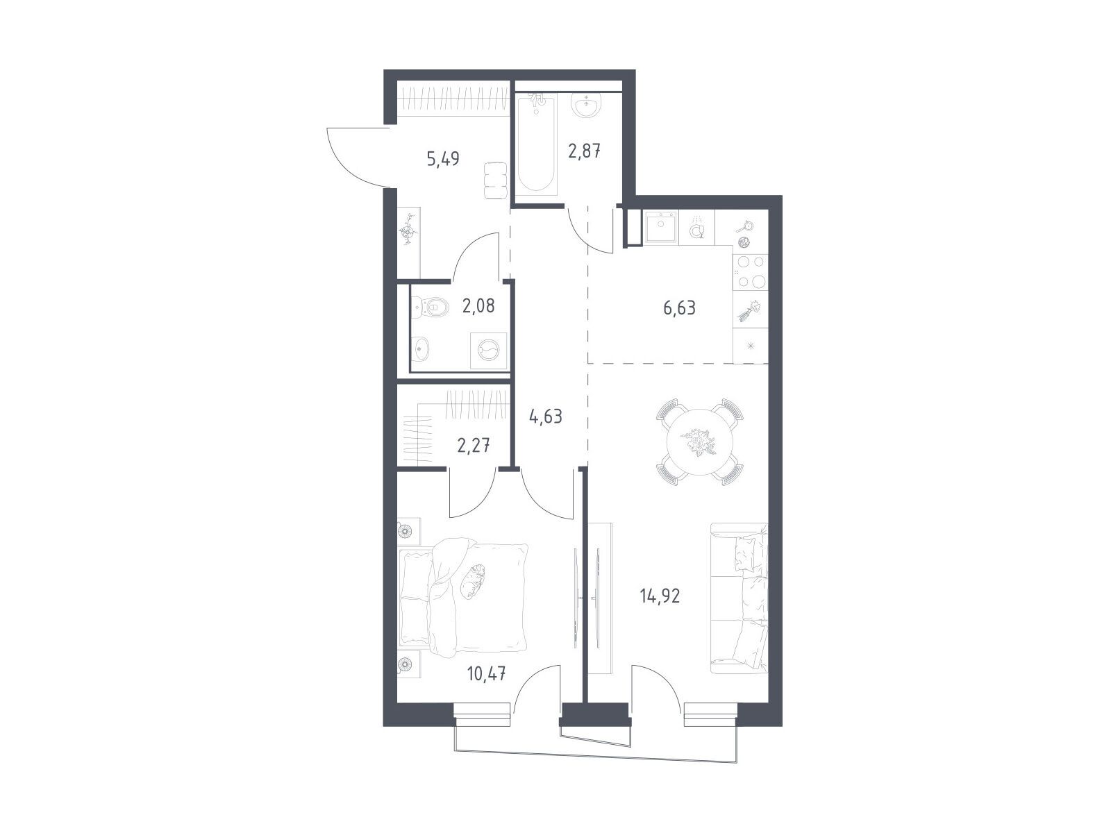 Планировка: 1-комн. квартира 49.00 м² в новостройке ЖК Квартал Авиаторов