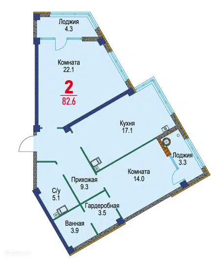 Планировка: 2-комн. квартира 82.60 м² в новостройке Красный Металлист