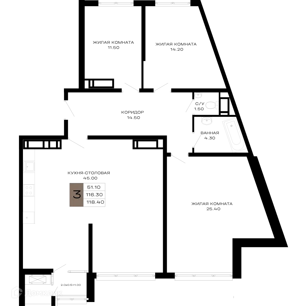 Планировка: 3-комн. квартира 119.38 м² в новостройке Сердце