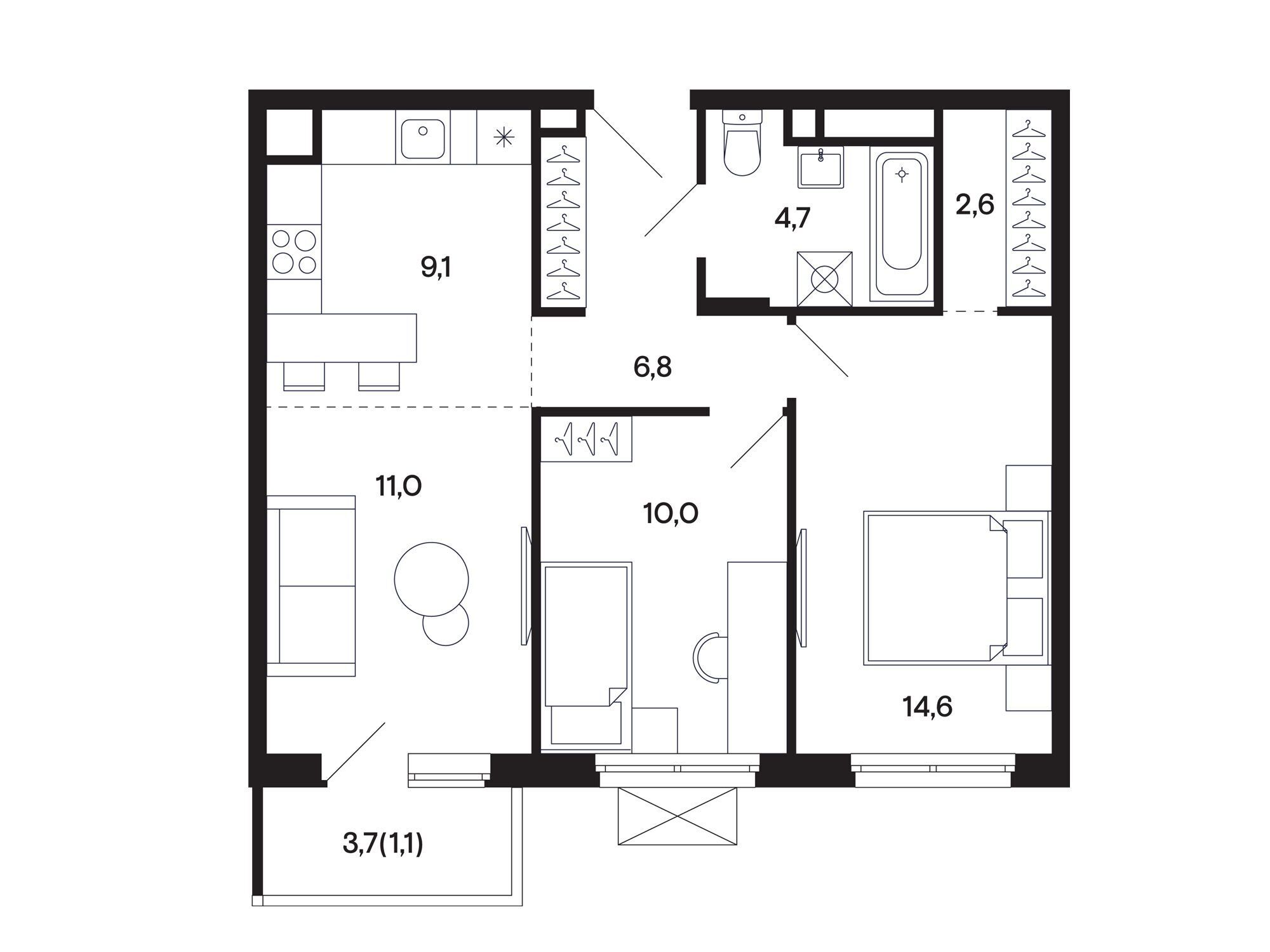 Планировка: 2-комн. квартира 59.91 м² в новостройке Базаева 11