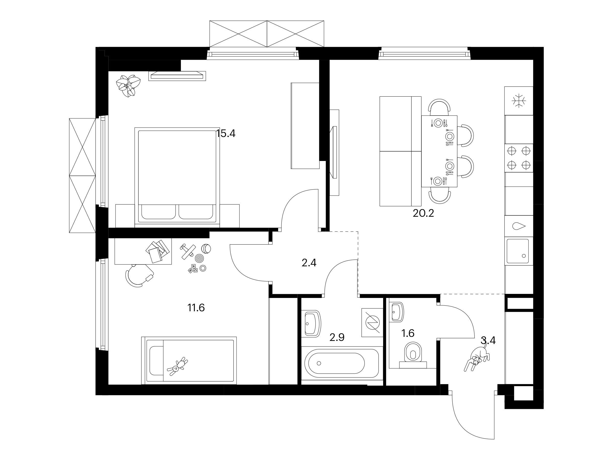 Планировка: 2-комн. квартира 57.50 м² в новостройке Ярославский квартал
