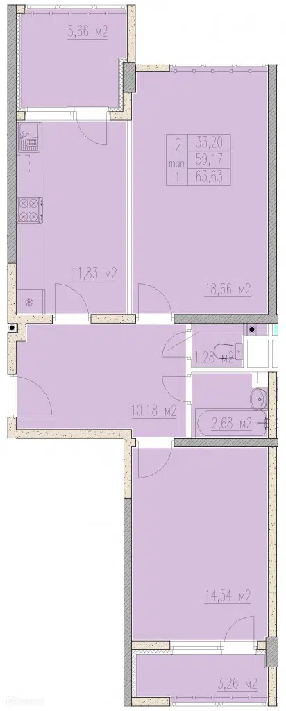 Планировка: 2-комн. квартира 63.63 м² в новостройке Агой-парк