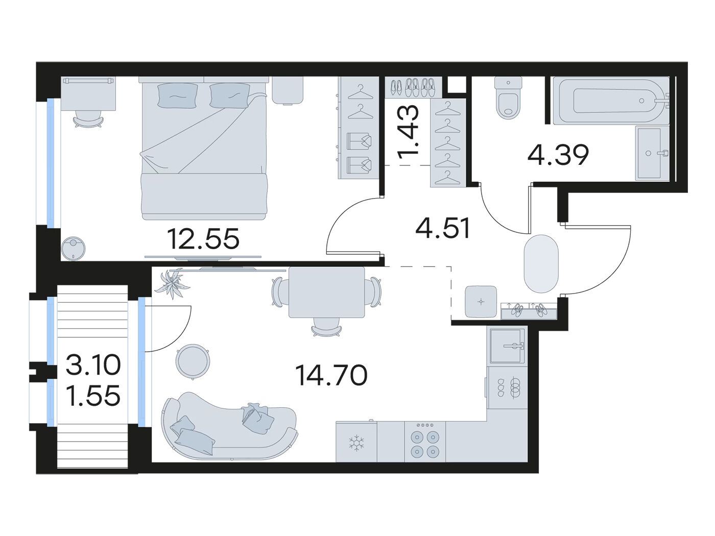 Планировка: 1-комн. квартира 39.40 м² в новостройке Глоракс Парголово