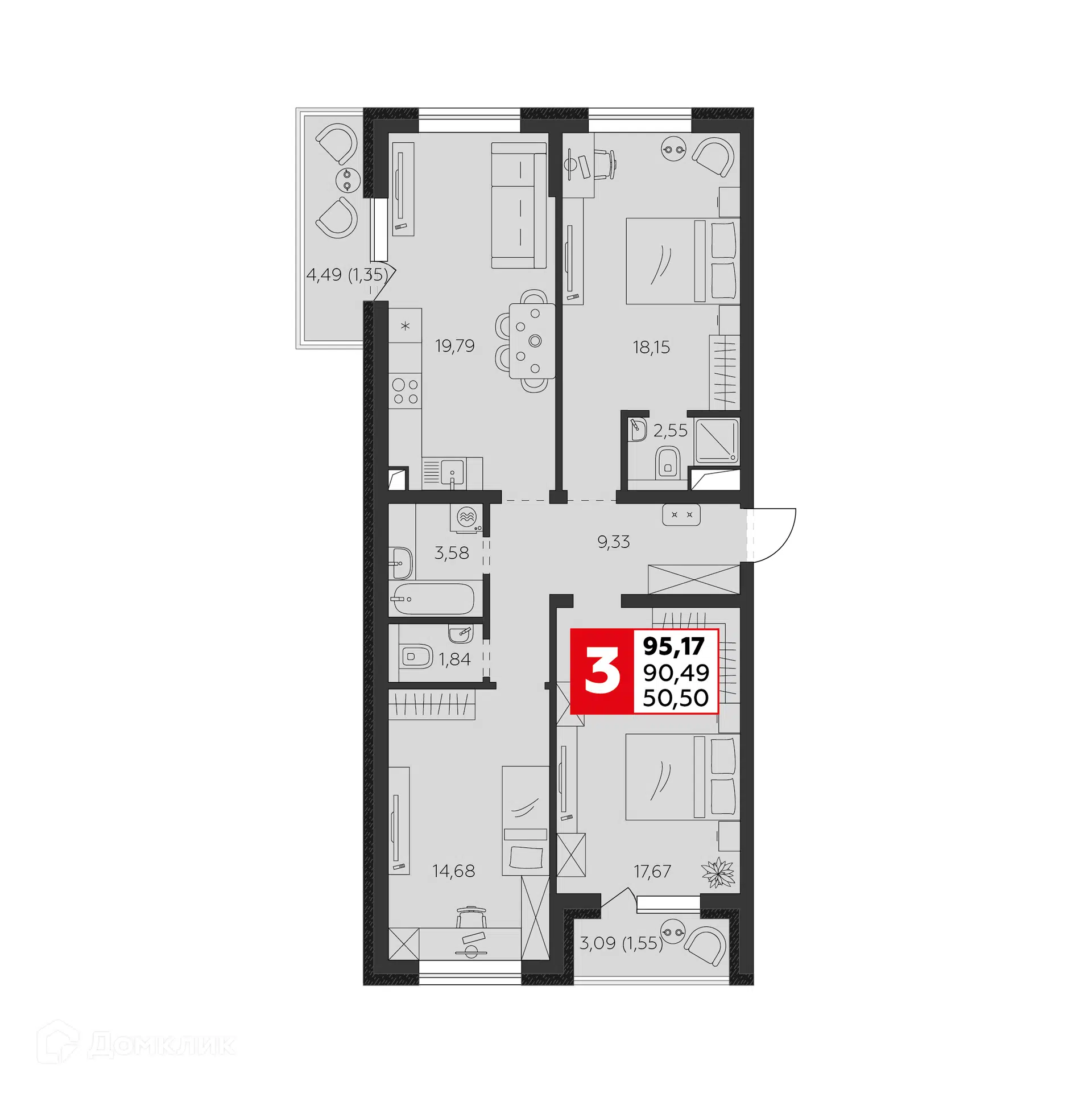 Планировка: 4-комн. квартира 90.49 м² в новостройке К24