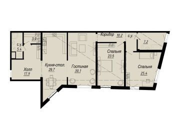 Планировка: 3-комн. квартира 155.40 м² в новостройке Мельцер Холл