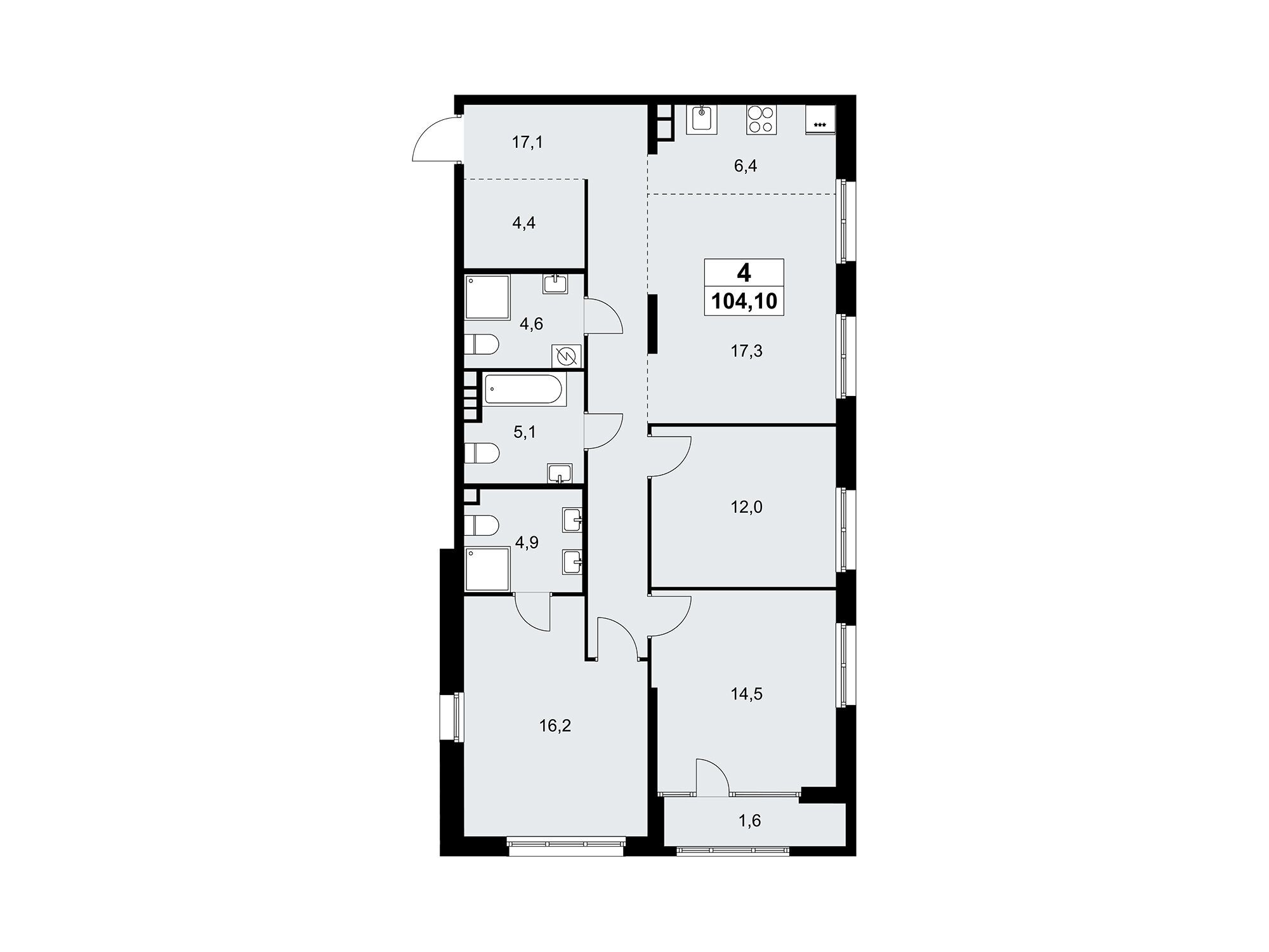 Планировка: 4-комн. квартира 104.60 м² в новостройке Дом на Зорге