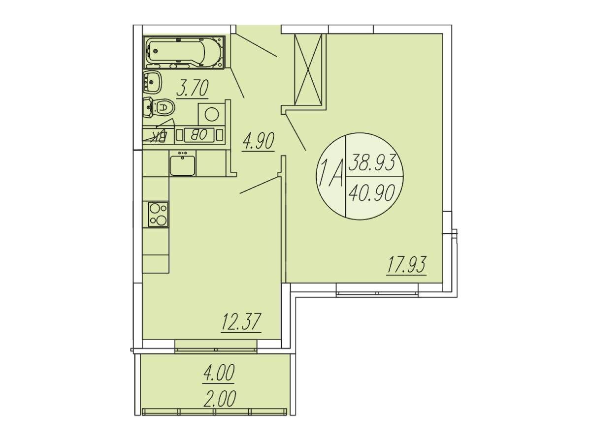 Планировка: 1-комн. квартира 40.90 м² в новостройке Шолохово