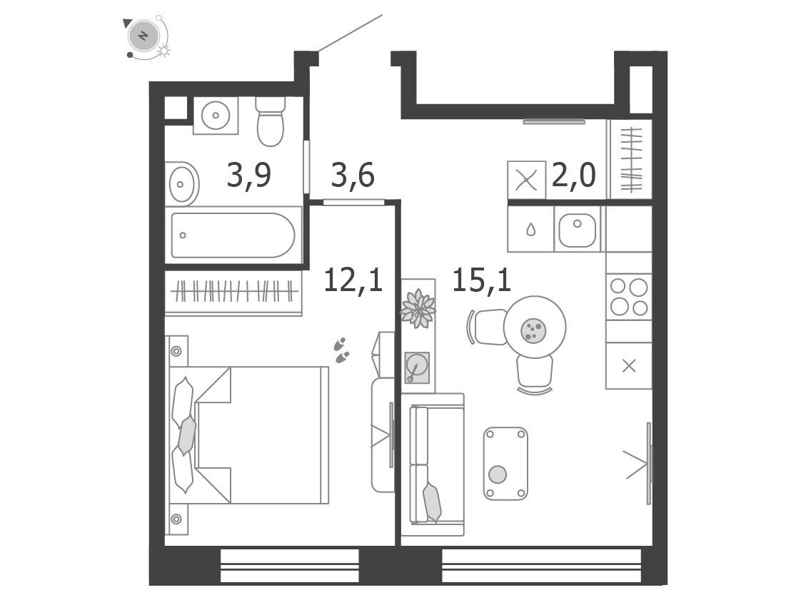 Планировка: 1-комн. квартира 36.70 м² в новостройке Шагал
