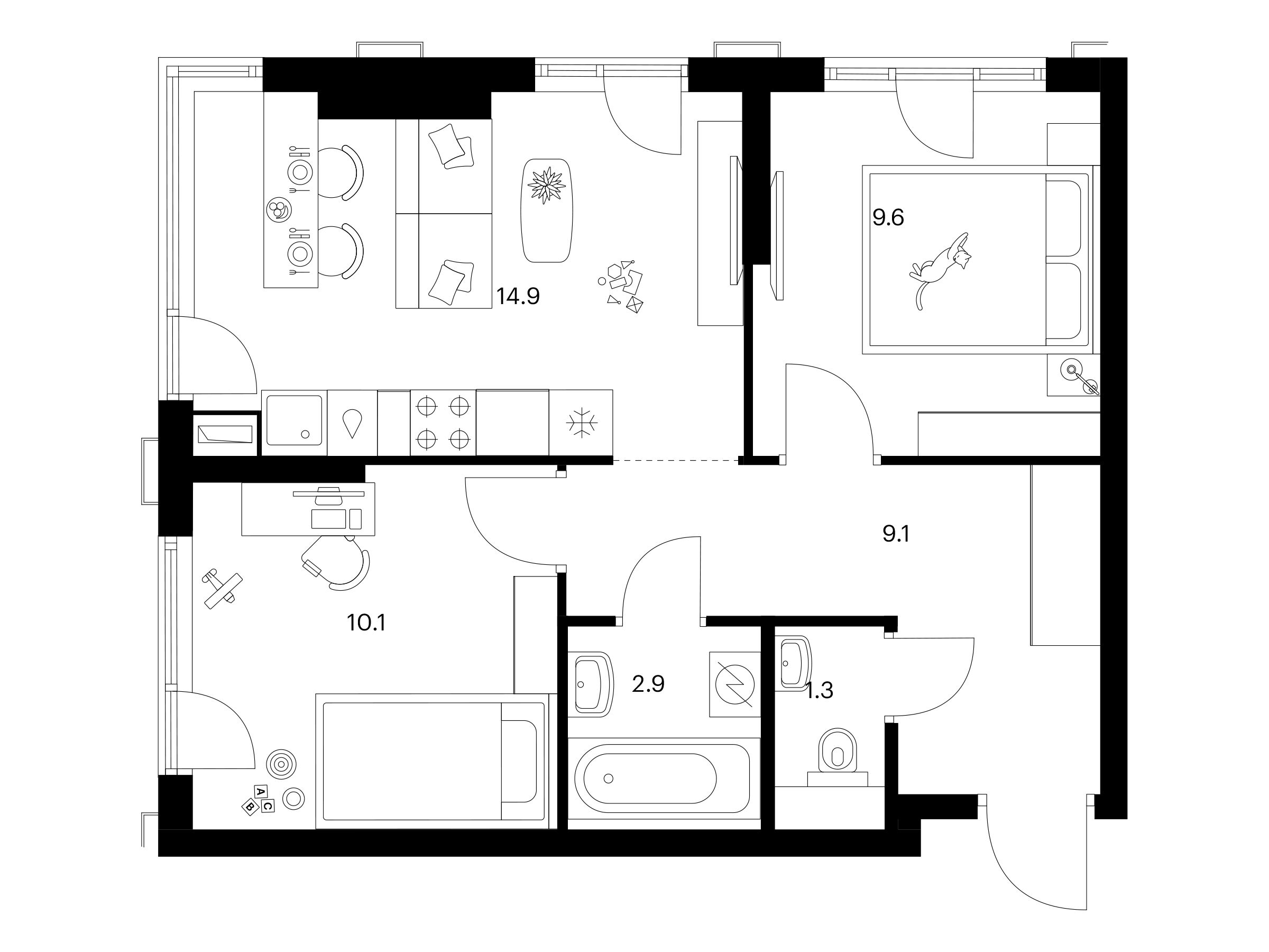 Планировка: 2-комн. квартира 47.90 м² в новостройке 2-й Иртышский