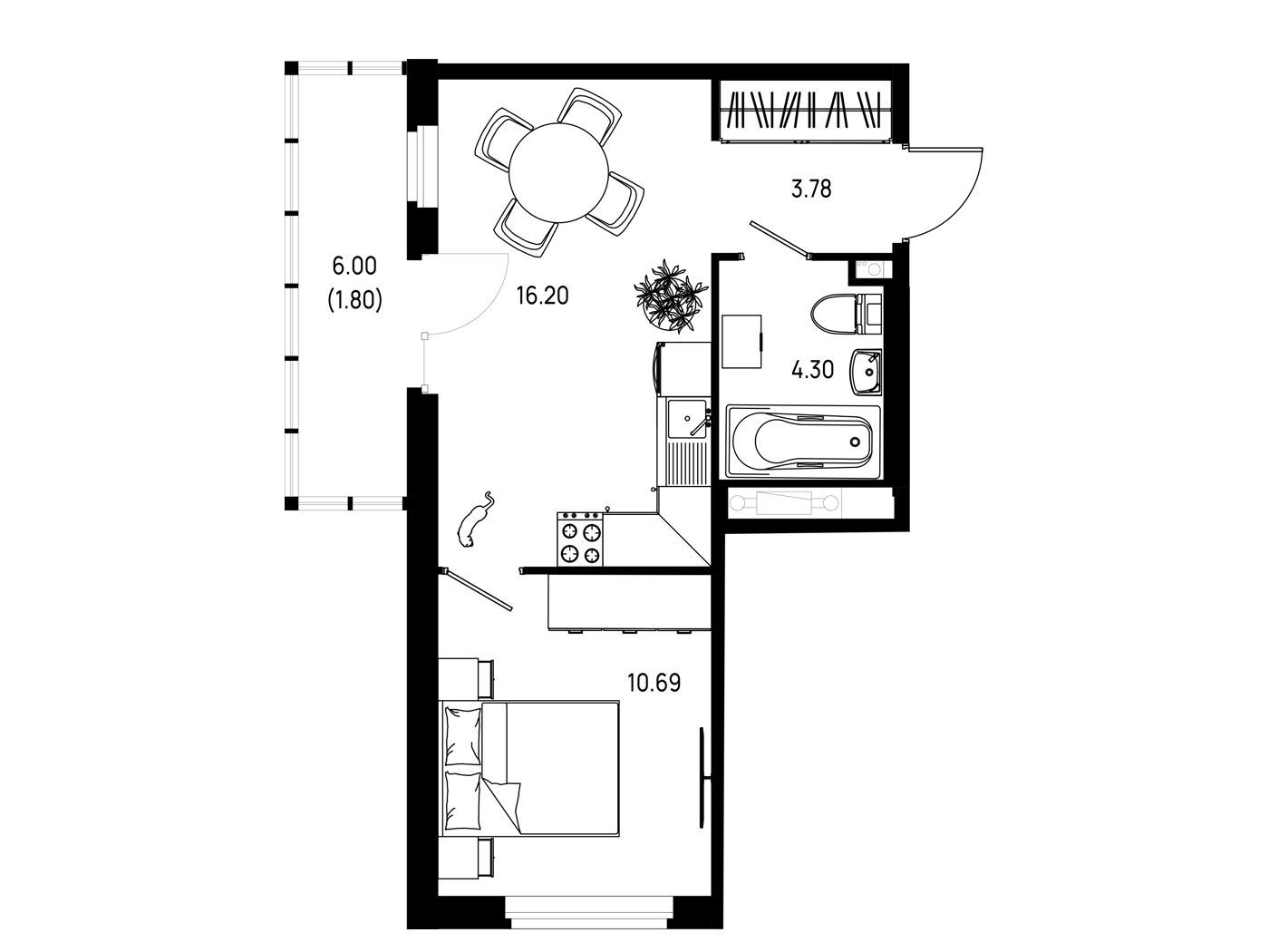 Планировка: 1-комн. квартира 36.77 м² в новостройке Имена
