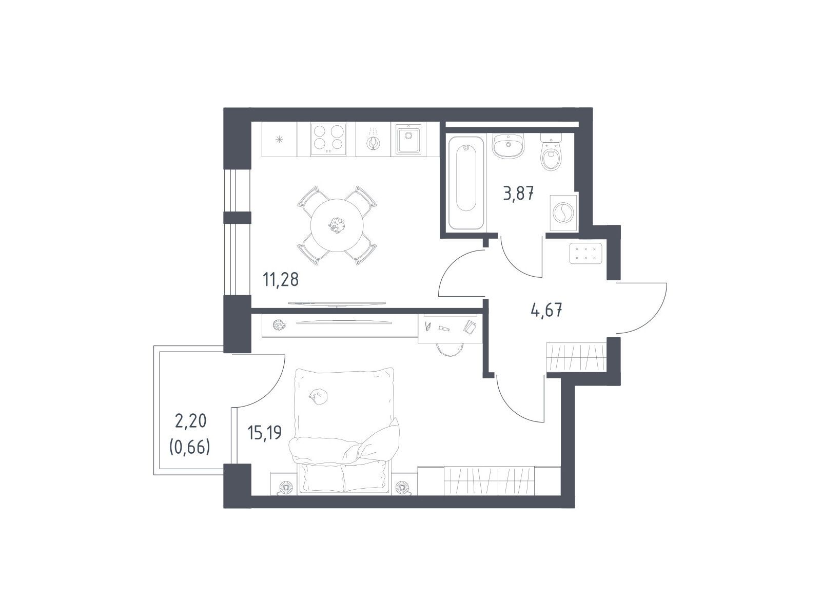 Планировка: 1-комн. квартира 35.67 м² в новостройке Квартал Авиаторов