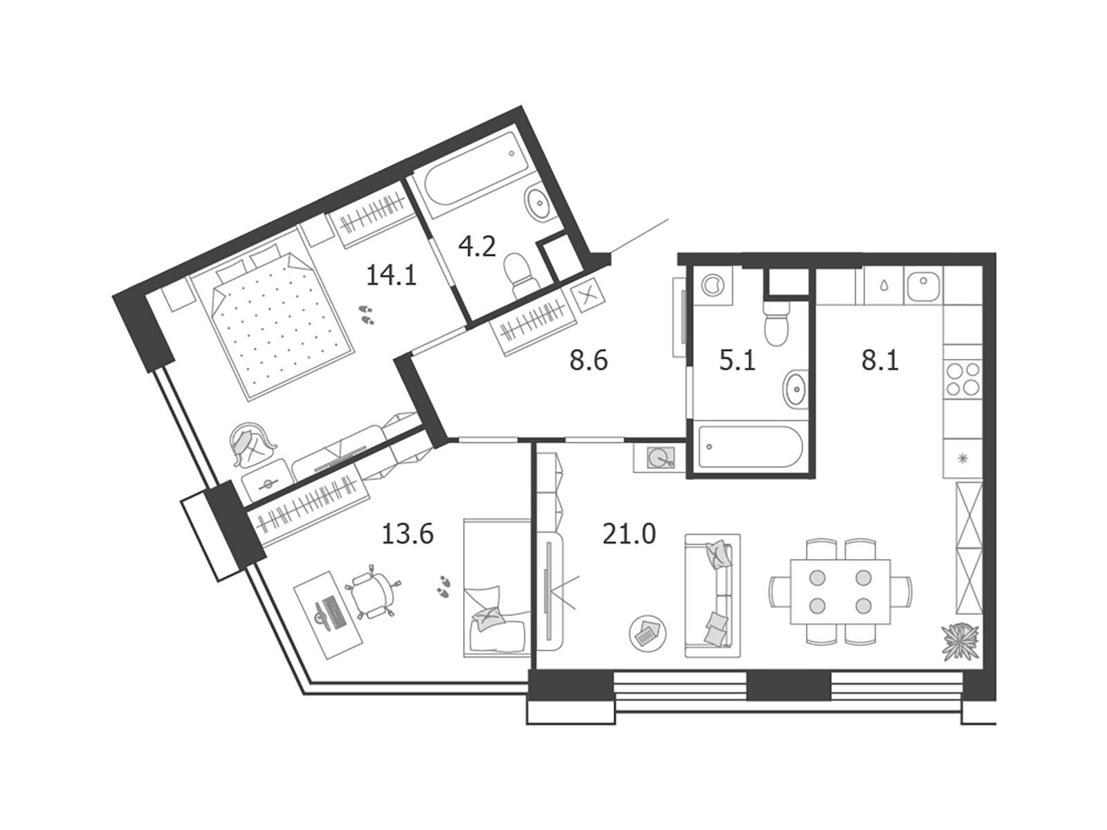 Планировка: 3-комн. квартира 74.70 м² в новостройке Воксхолл
