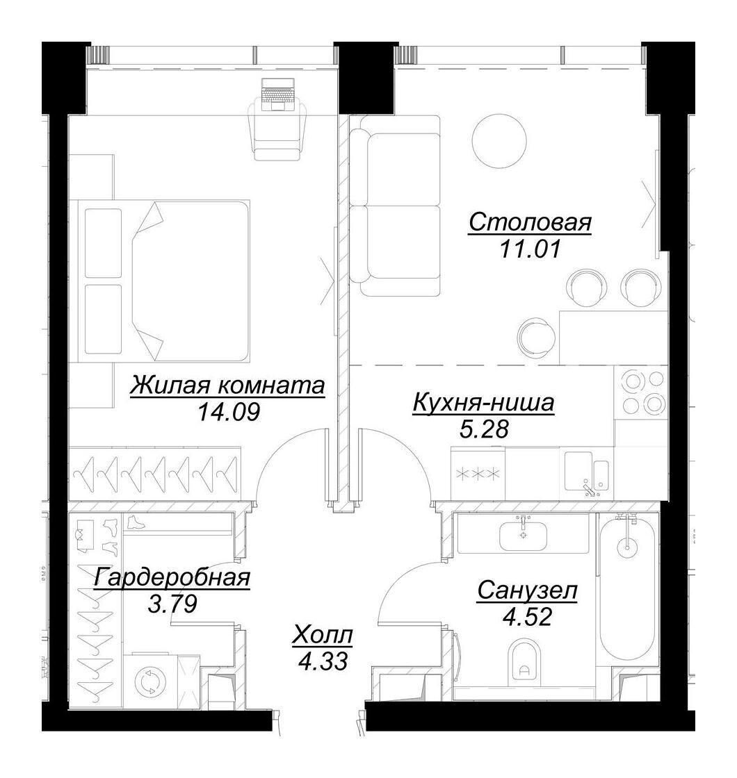 Планировка: 1-комн. квартира 43.60 м² в новостройке ЖК Мод