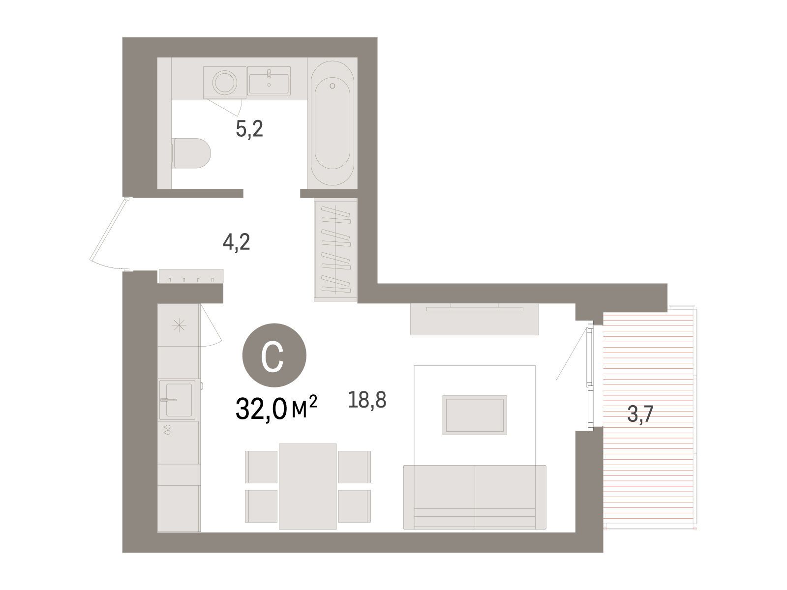 Планировка: Студия 32.00 м² в новостройке Брусника в Новоселье
