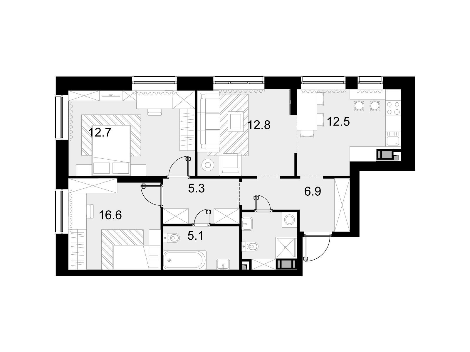 Планировка: 3-комн. квартира 76.30 м² в новостройке Трилогия Кристалл