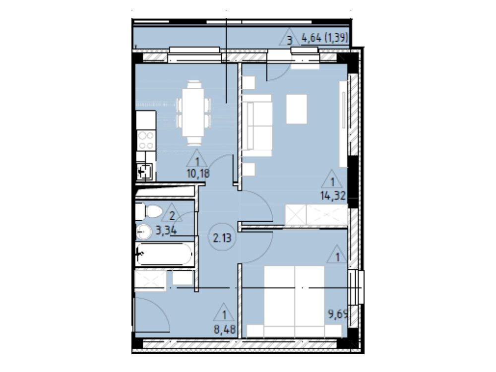 Планировка: 2-комн. квартира 47.40 м² в новостройке Горки Марусино