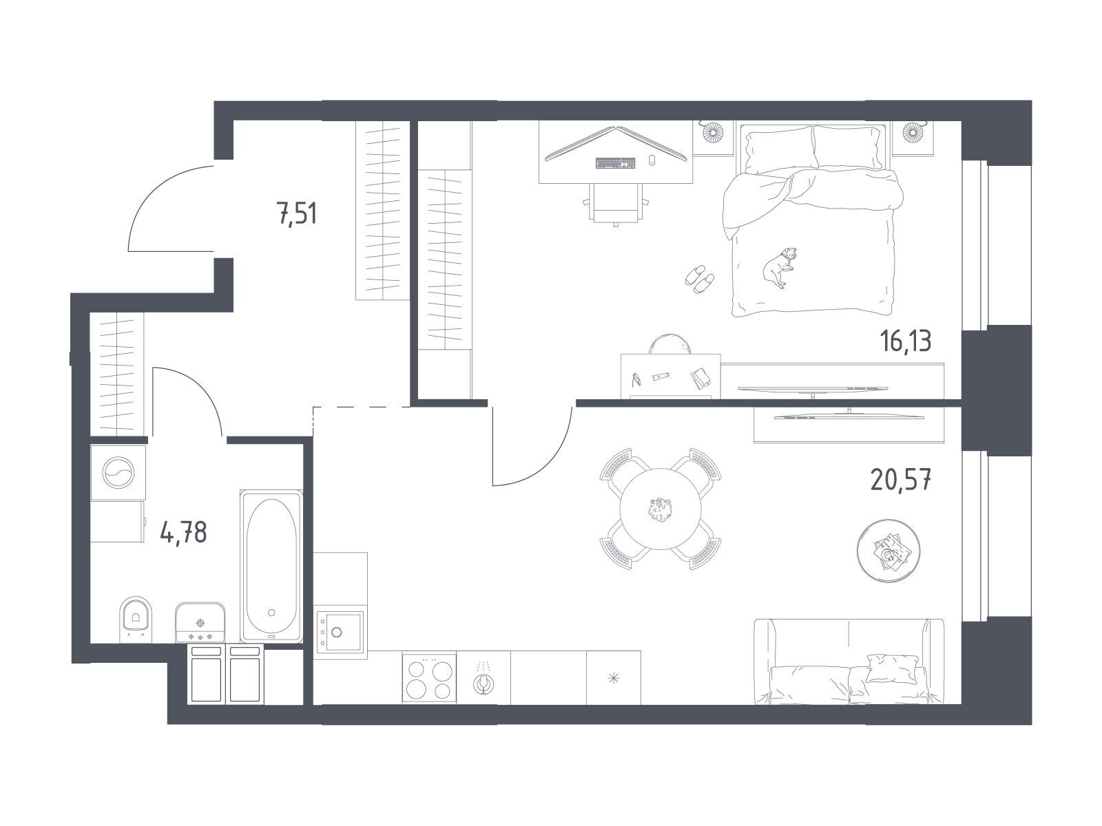 Планировка: 1-комн. квартира 48.99 м² в новостройке Тропарево Парк