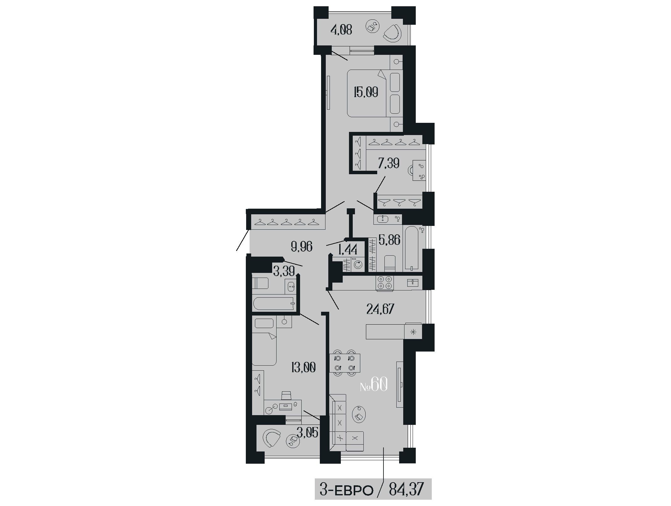 Планировка: 2-комн. квартира 84.36 м² в новостройке Дом 1919
