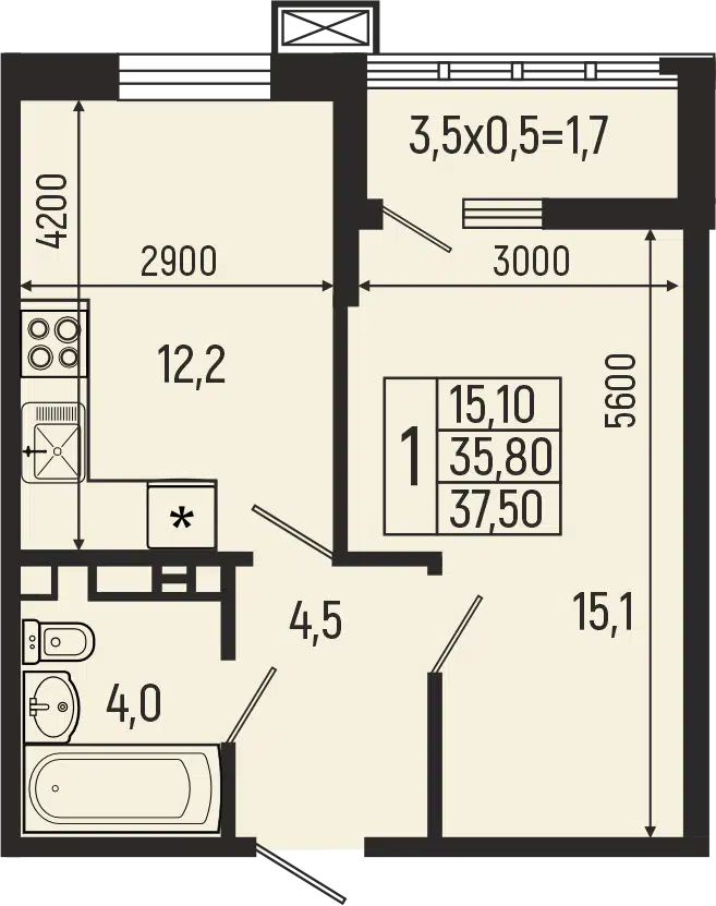 Планировка: 1-комн. квартира 37.50 м² в новостройке ЖК Звезды