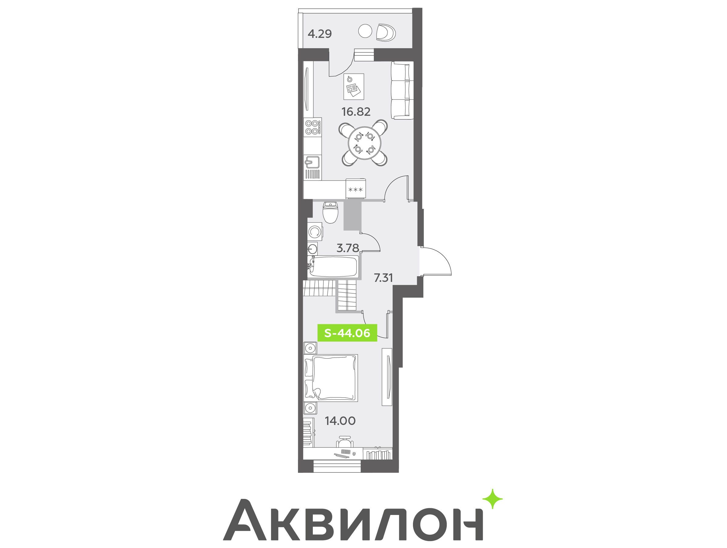 Планировка: 2-комн. квартира 44.50 м² в новостройке Аквилон олл ин 3.0