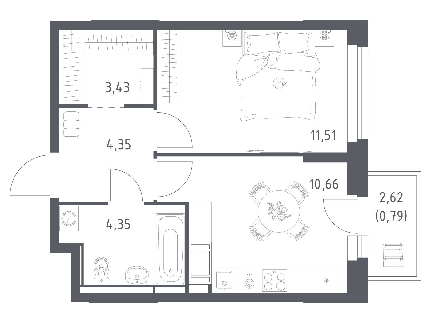 Планировка: 1-комн. квартира 35.09 м² в новостройке Новое Колпино