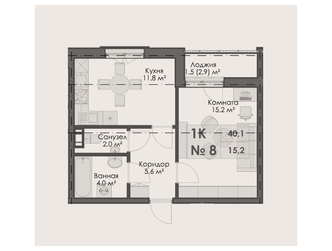 Планировка: 1-комн. квартира 40.10 м² в новостройке На Большом Смоленском