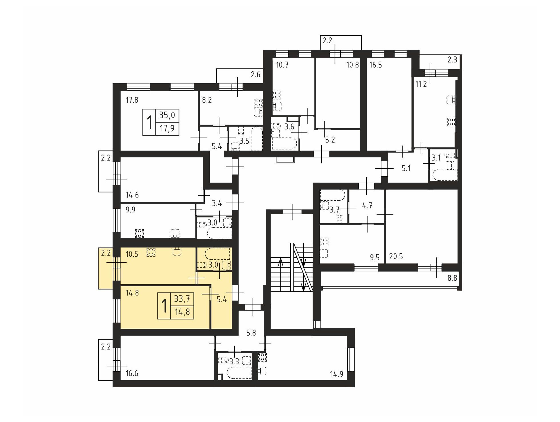 Планировка: 1-комн. квартира 33.70 м² в новостройке Щегловская усадьба