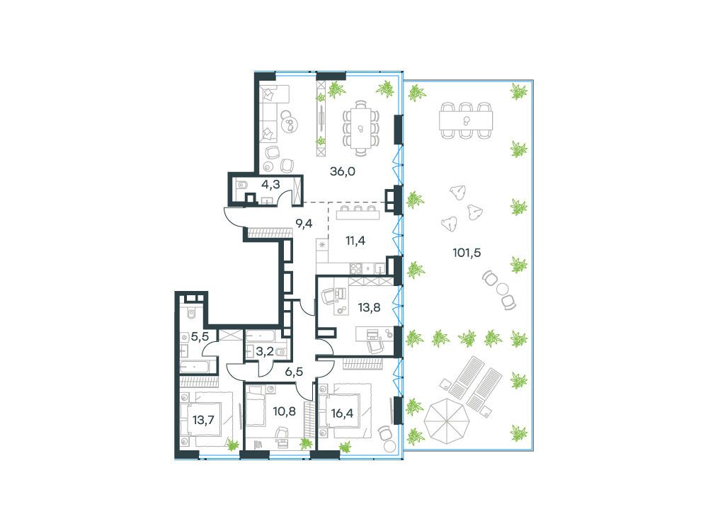 Планировка: 5-комн. квартира 131.00 м² в новостройке ЖК Левел Причальный