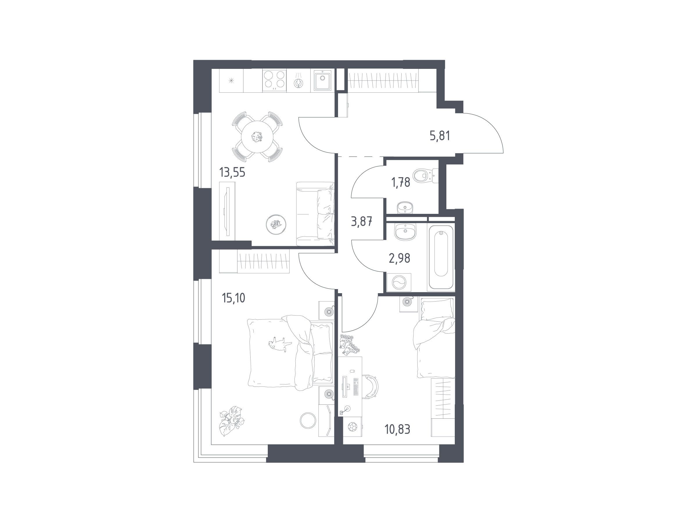 Планировка: 2-комн. квартира 53.92 м² в новостройке Богдановский Лес