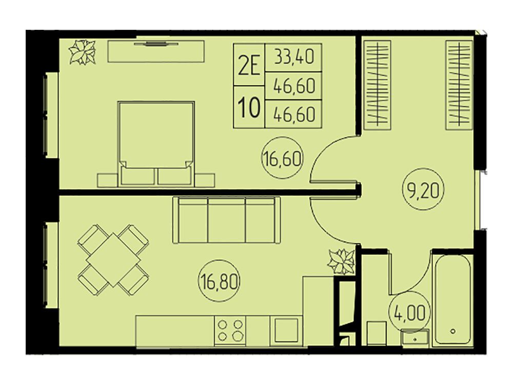 Планировка: 2-комн. квартира 46.60 м² в новостройке 31 квартал