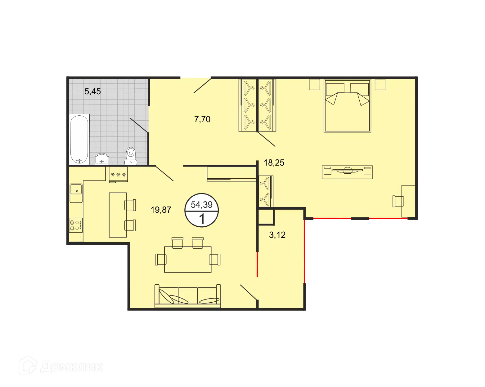 Планировка: 1-комн. квартира 54.39 м² в новостройке Дыхание