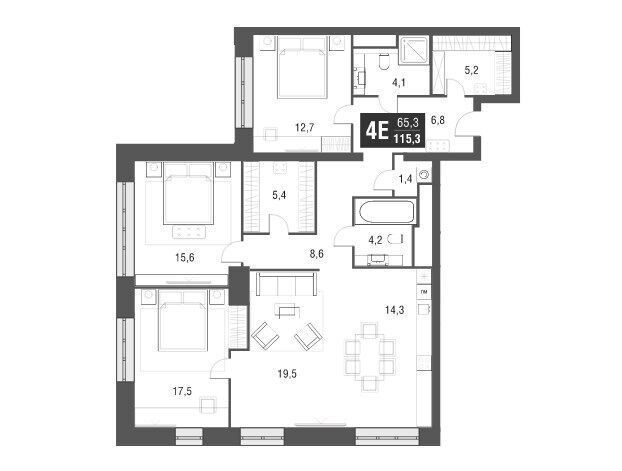 Планировка: 4-комн. квартира 115.10 м² в новостройке ЖК Афи Тауэр