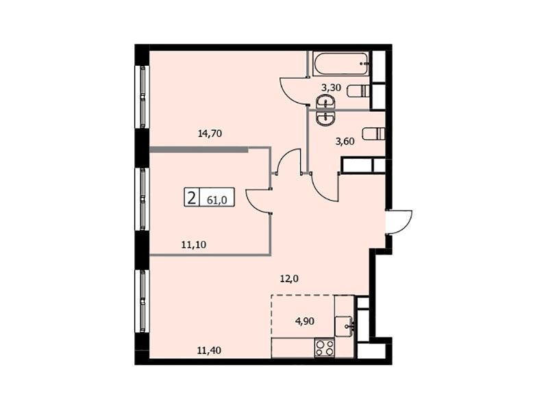 Планировка: 2-комн. квартира 61.00 м² в новостройке Селф