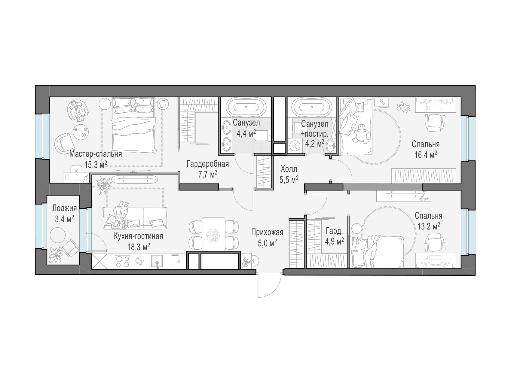 Планировка: 3-комн. квартира 95.90 м² в новостройке Кутузов Град 2