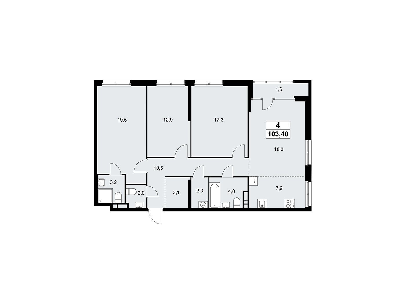 Планировка: 4-комн. квартира 103.90 м² в новостройке Дом на Зорге