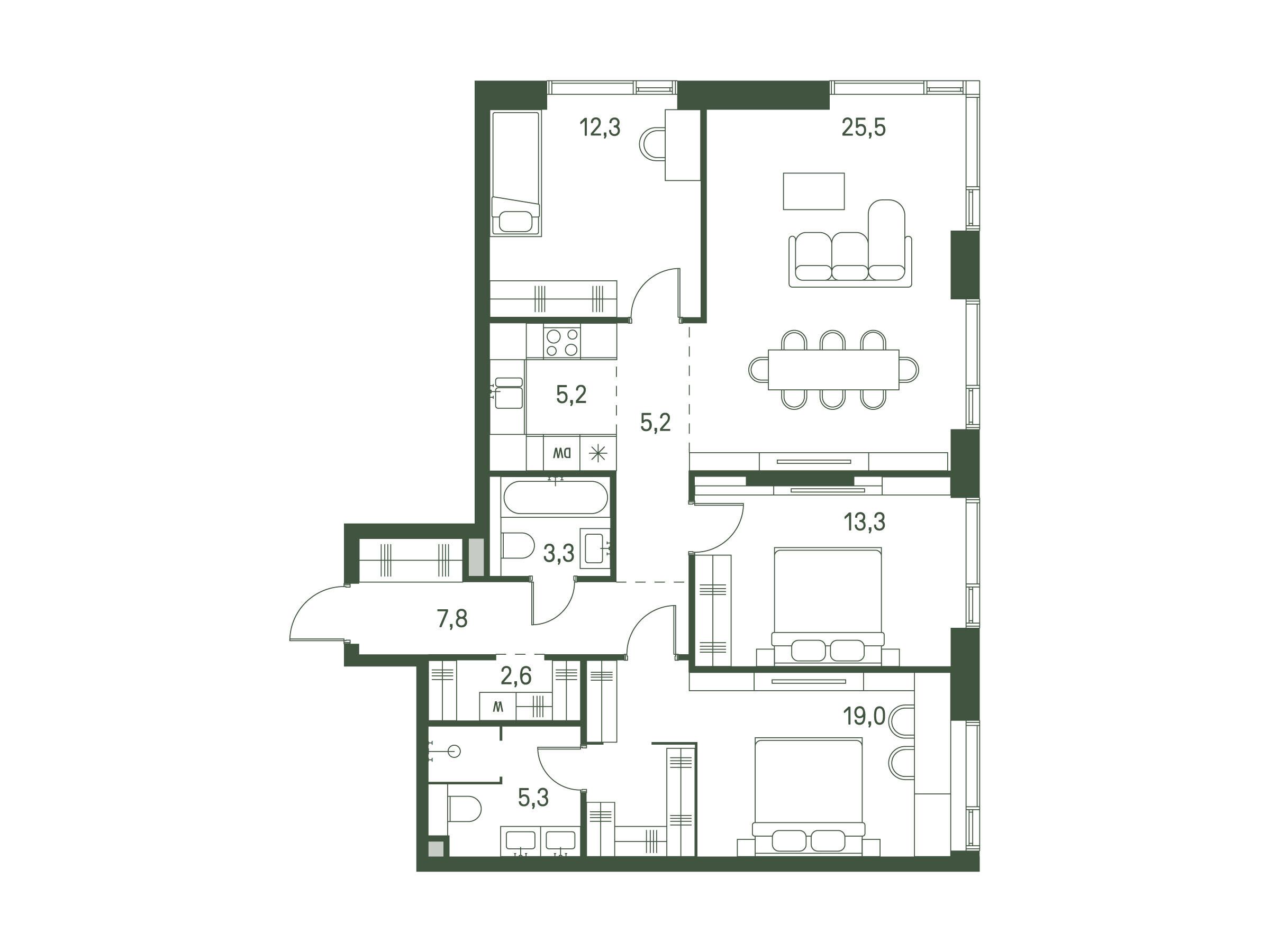 Планировка: 3-комн. квартира 99.50 м² в новостройке ЖК Моментс