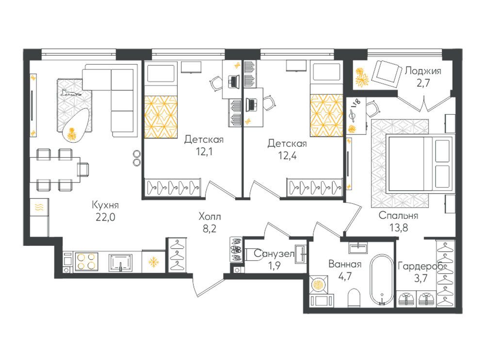 Планировка: 3-комн. квартира 80.20 м² в новостройке ЖК Кронунг Юг