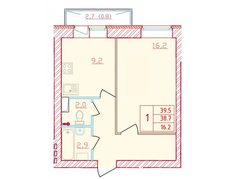 Планировка: 1-комн. квартира 39.50 м² в новостройке Новый мир