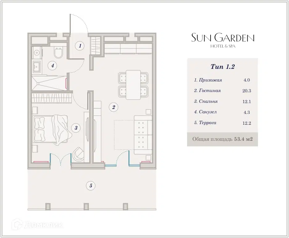 Планировка: 2-комн. квартира 53.50 м² в новостройке Сан Гарден