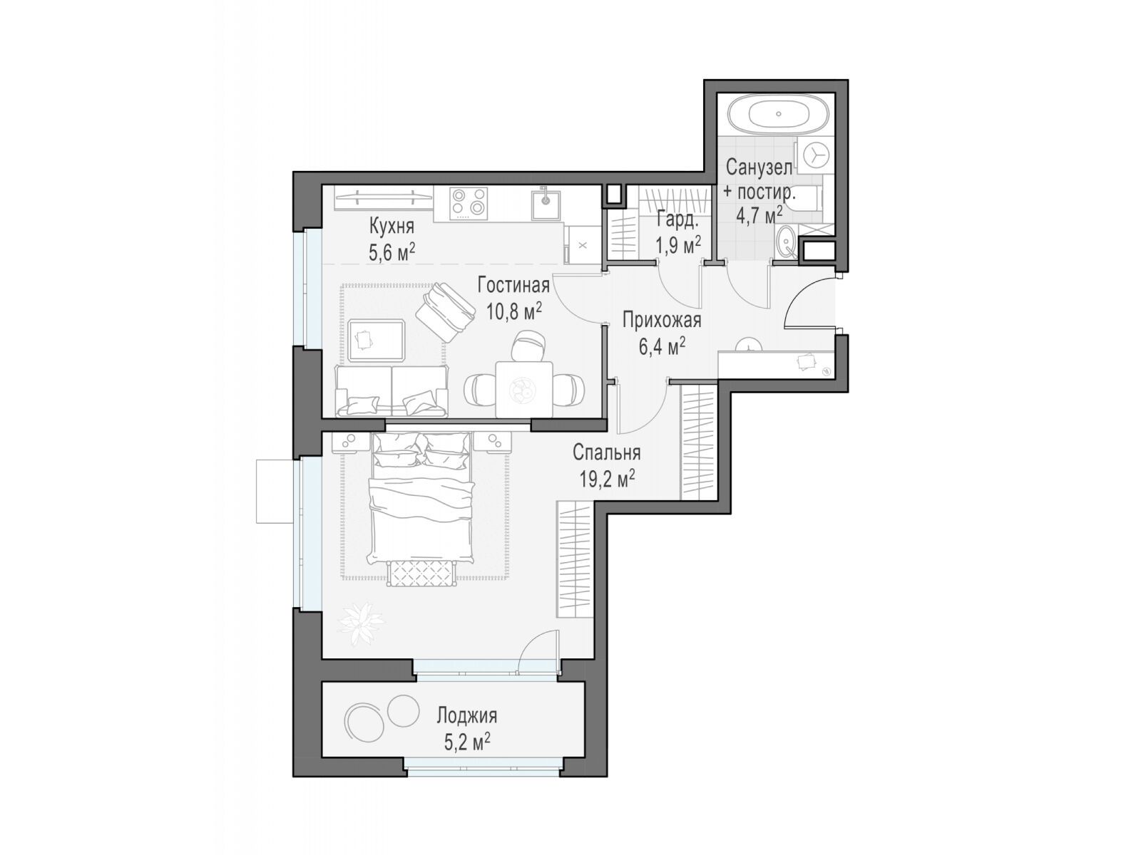Планировка: 1-комн. квартира 48.60 м² в новостройке ЖК Новое Медведково