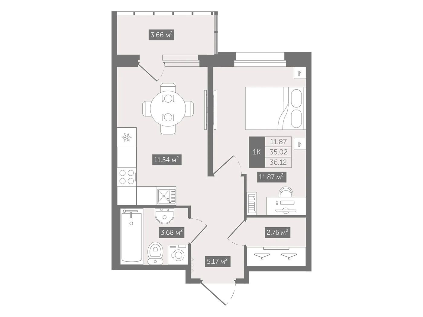 Планировка: 1-комн. квартира 36.12 м² в новостройке Квартал Воронцовский