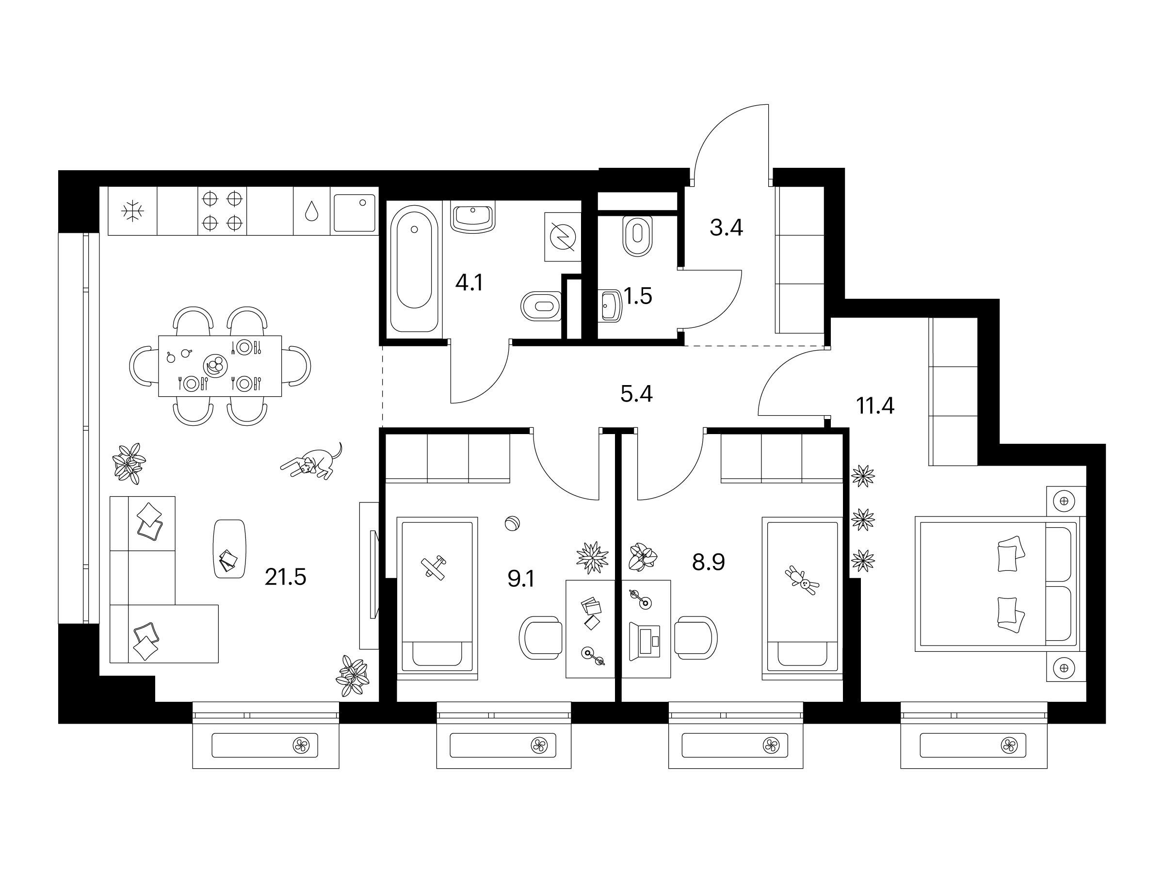 Планировка: 3-комн. квартира 65.30 м² в новостройке Зелёный парк