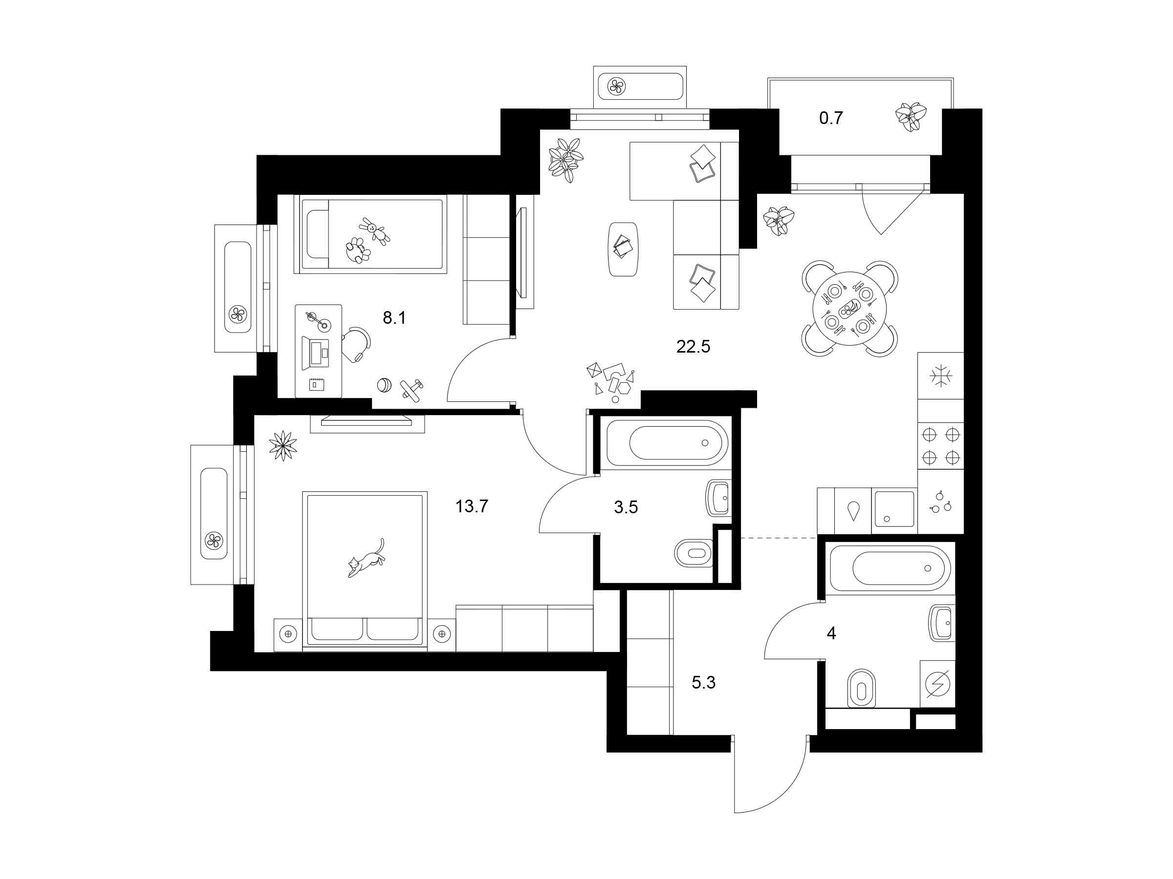 Планировка: 2-комн. квартира 57.80 м² в новостройке Середневский лес
