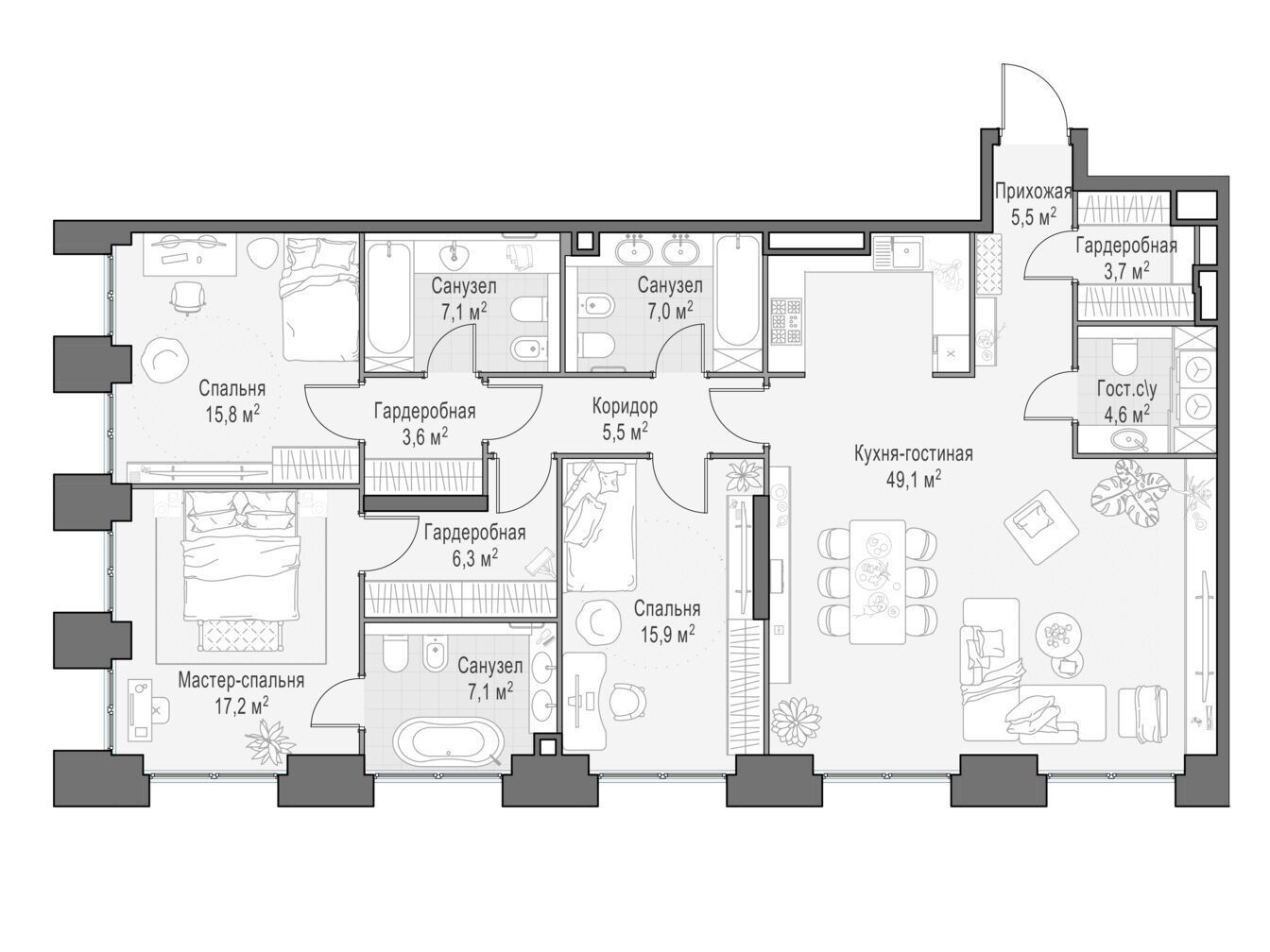 Планировка: 4-комн. квартира 148.90 м² в новостройке Лайф тайм
