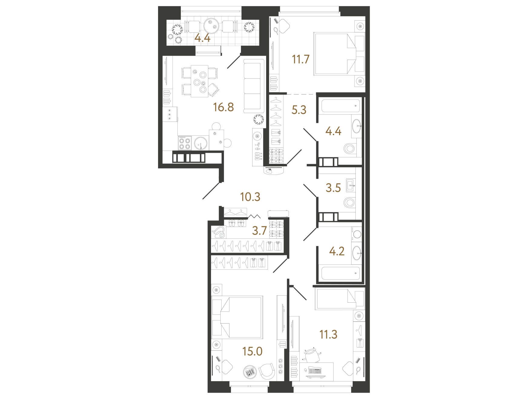 Планировка: 3-комн. квартира 86.10 м² в новостройке Куинджи