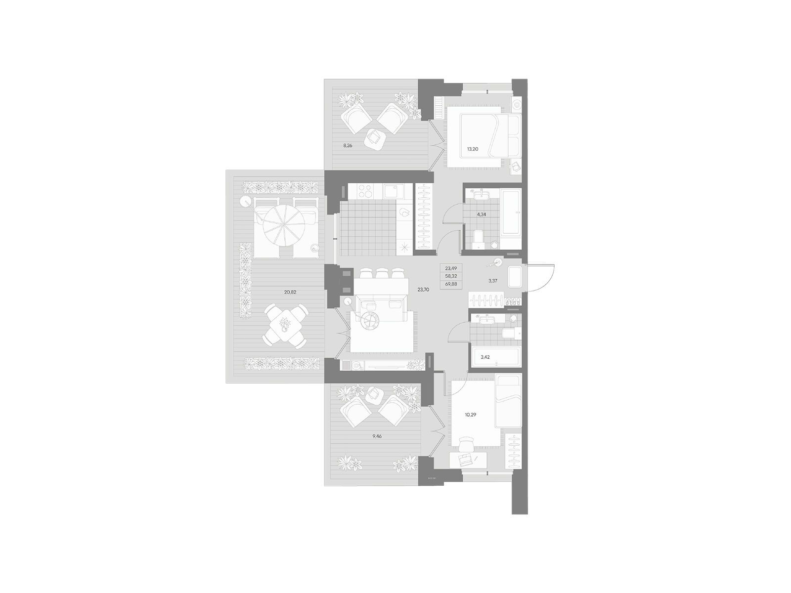 Планировка: 2-комн. квартира 69.88 м² в новостройке Альпен